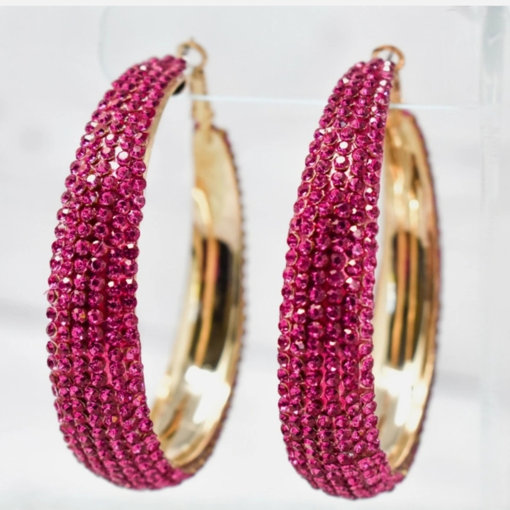 Pave Pink Rhinestone Crystal Large Hoop Earrings